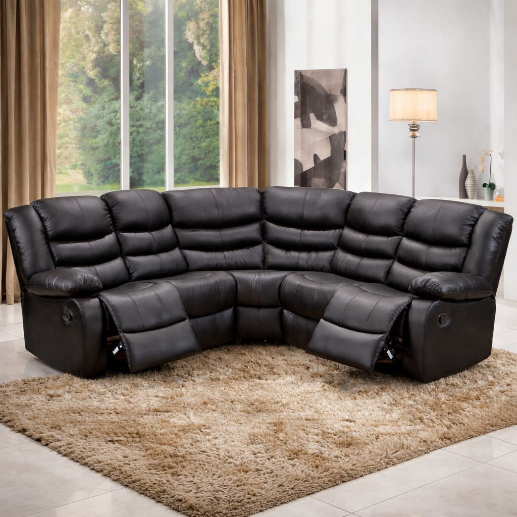Roman Black Leather Recliner Corner Sofa