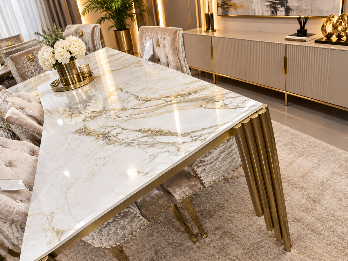 Mayfair Gold Marble 1.8m Table with Mink/Gold Roma Chairs