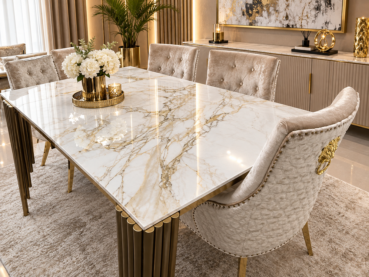 Mayfair Gold Marble 1.8m Table with Mink/Gold Roma Chairs