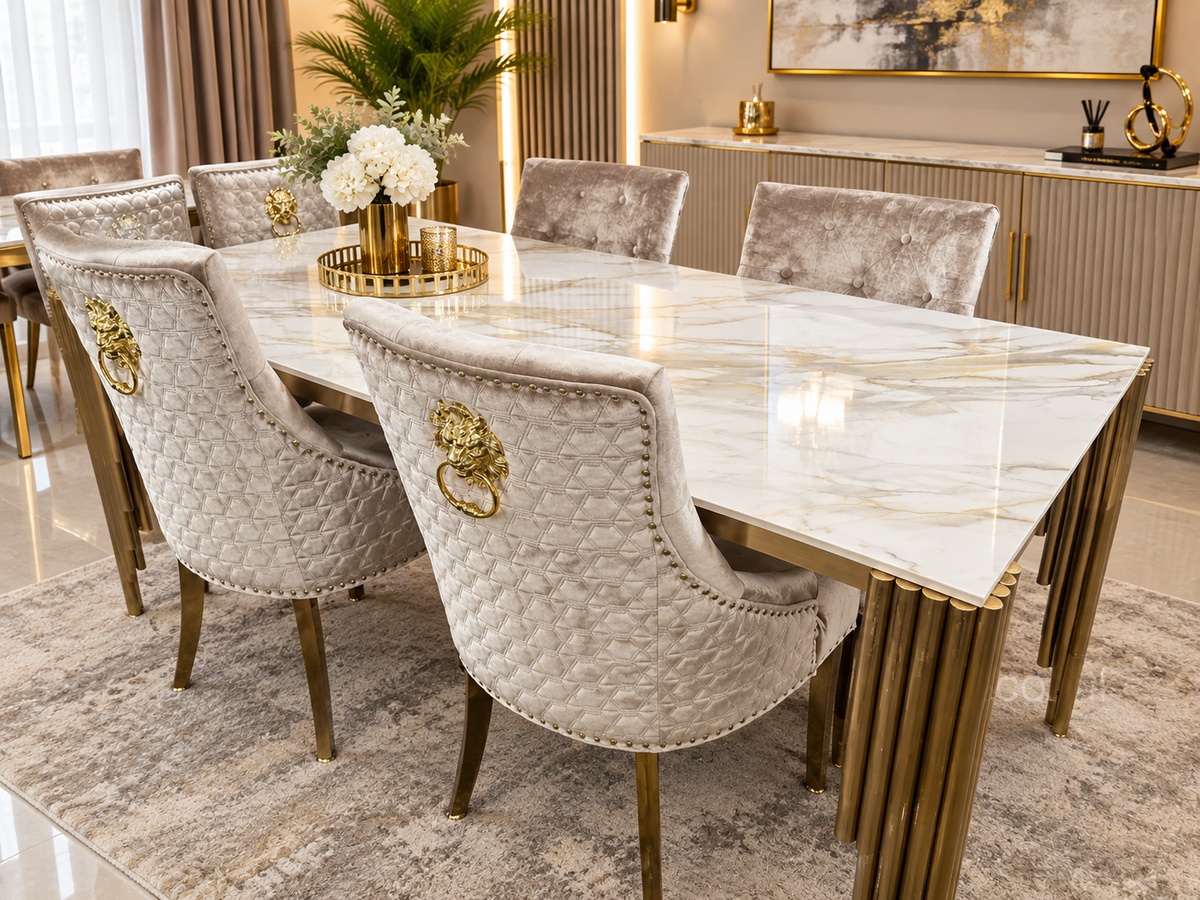 Mayfair Gold Marble 1.8m Table with Mink/Gold Roma Chairs