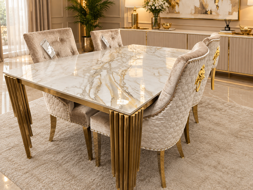 Mayfair Gold Marble 1.8m Table with Mink/Gold Roma Chairs