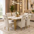 Roma 180CM Gold Marble Dining Table With Lucy Gold Ring Knocker Quilted Dining Chairs