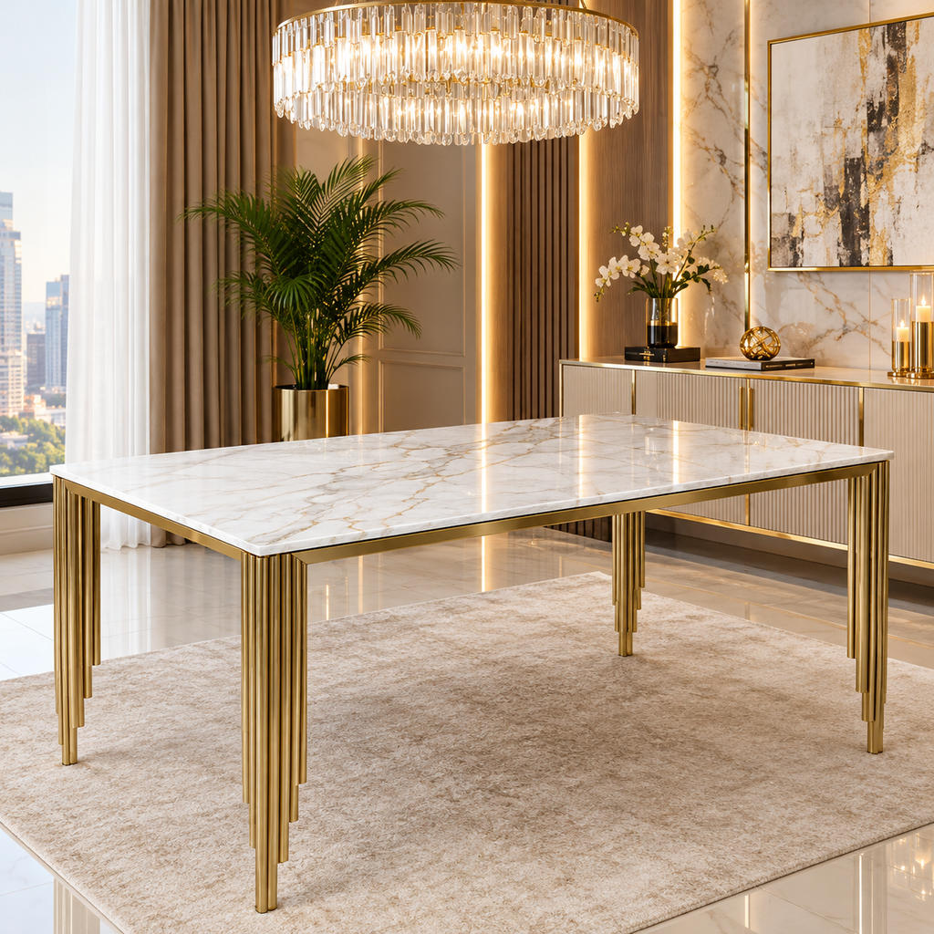 Roma 180CM Gold Marble Dining Table With Lucy Gold Ring Knocker Quilted Dining Chairs