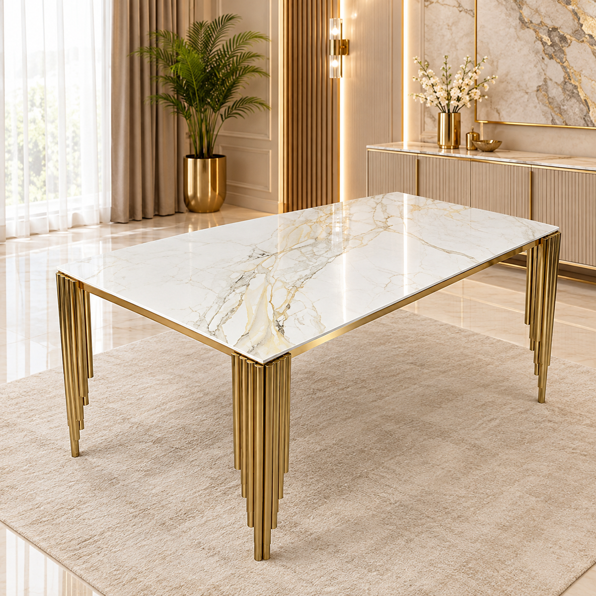 Roma 180CM Gold Marble Dining Table With Lucy Gold Ring Knocker Quilted Dining Chairs