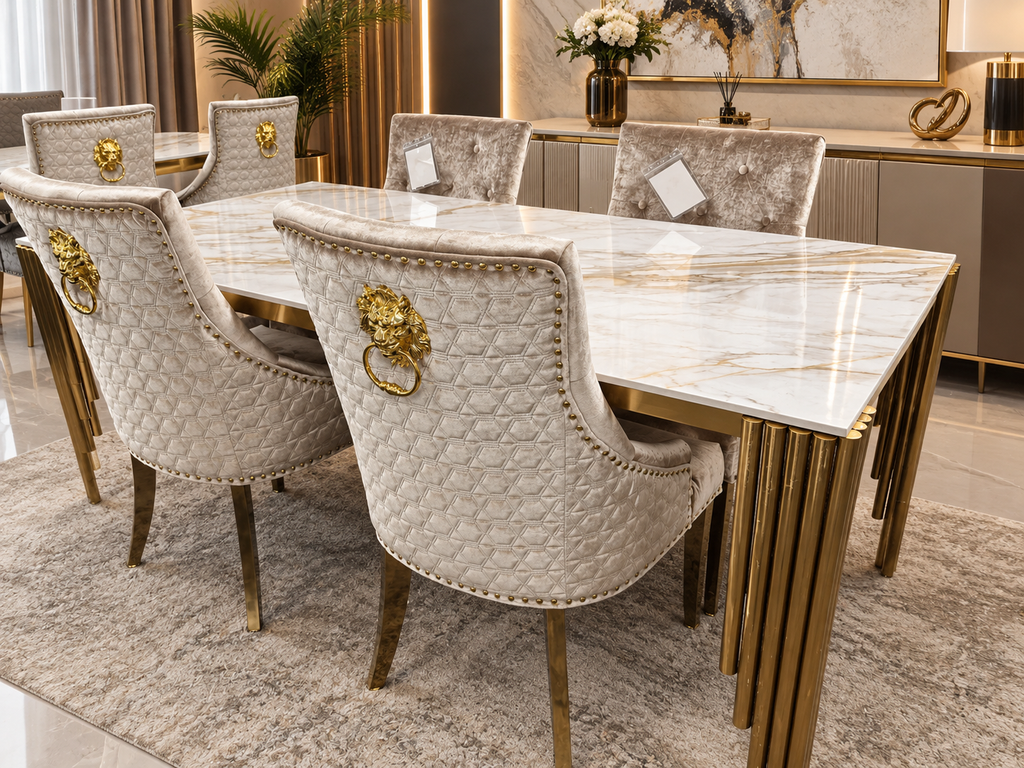 Mayfair Gold Marble 1.8m Table with Mink/Gold Roma Chairs
