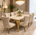 Louise Cream Gold Marble Dining Table + Oxford Mink Gold Dining Chairs Lion knocker