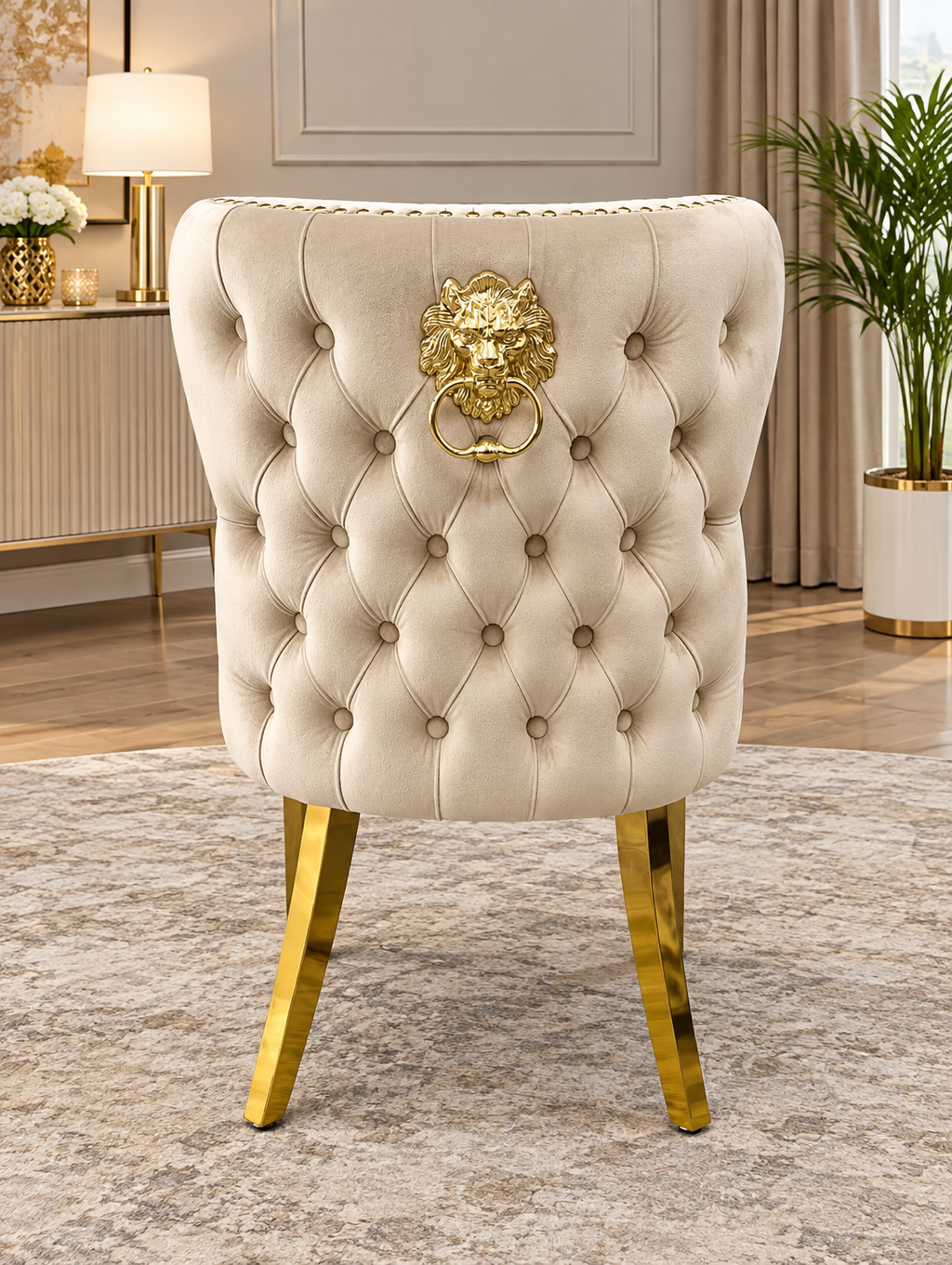 Louise Cream Gold Marble Dining Table + Oxford Mink Gold Dining Chairs Lion knocker