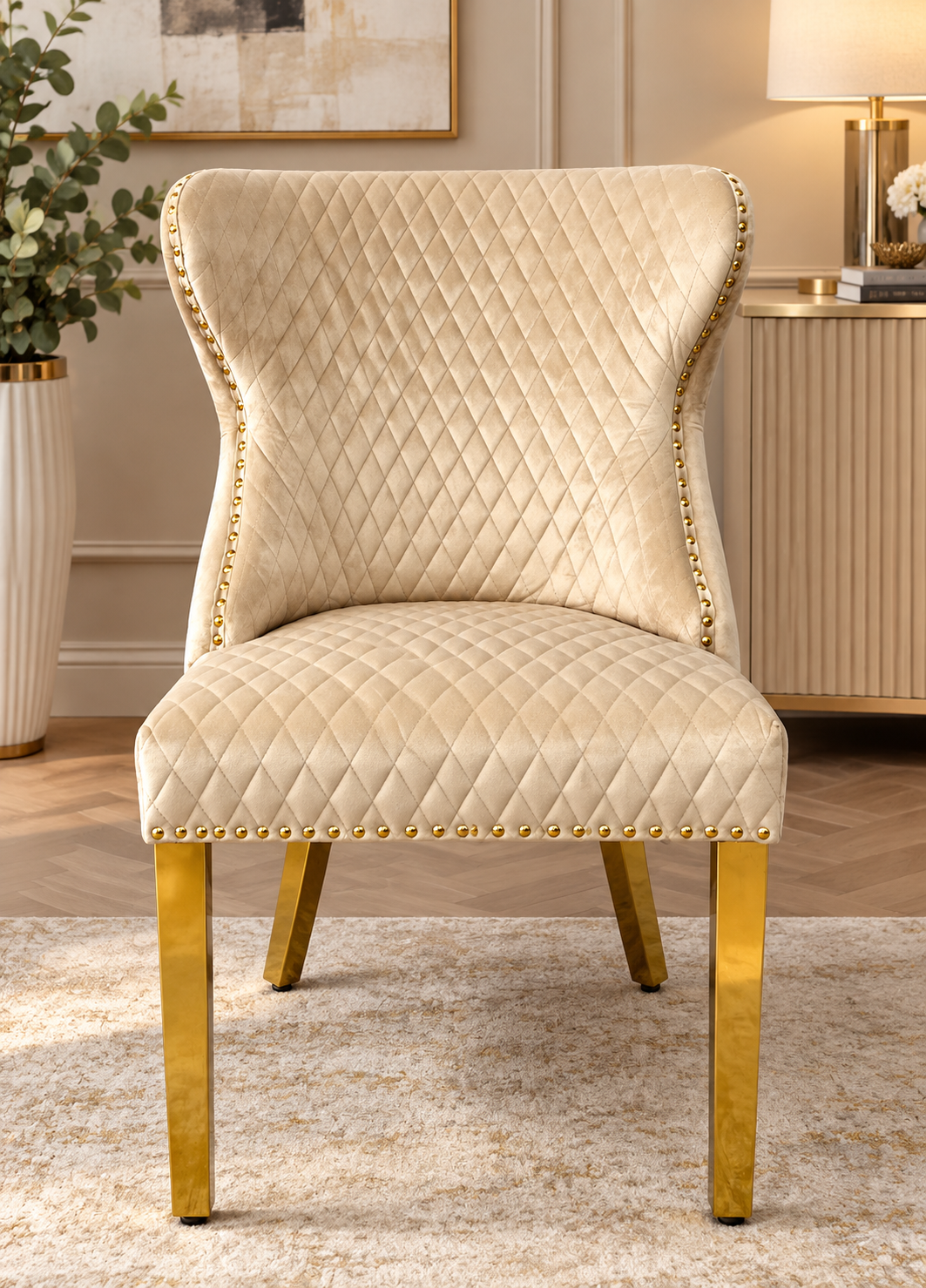 Louise Cream Gold Marble Dining Table + Oxford Mink Gold Dining Chairs Lion knocker