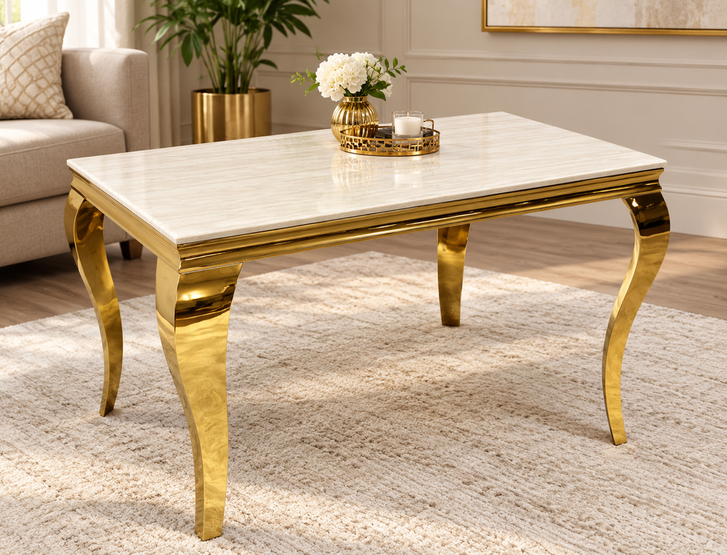 Louise Cream Gold Marble Dining Table + Oxford Mink Gold Dining Chairs Lion knocker