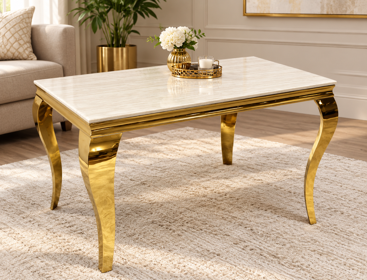 Louise Cream Gold Marble Dining Table + Oxford Mink Gold Dining Chairs Lion knocker