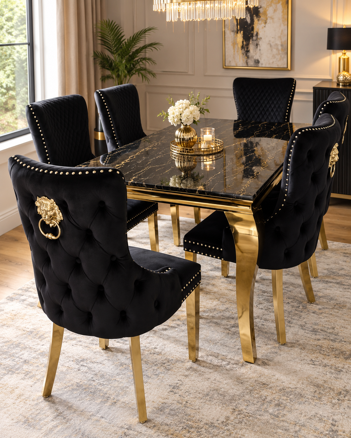 Louis Black And Gold Table With Black Victoria Gold Lion Knocker Chairs
