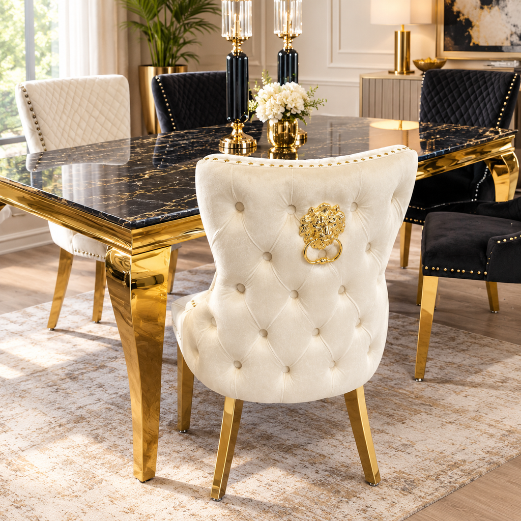 Louis Black And Gold Table With Black Victoria Gold Lion Knocker Chairs