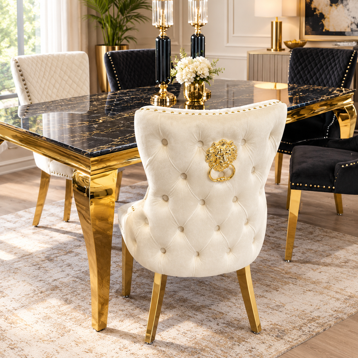 Louis Black And Gold Table With Black Victoria Gold Lion Knocker Chairs