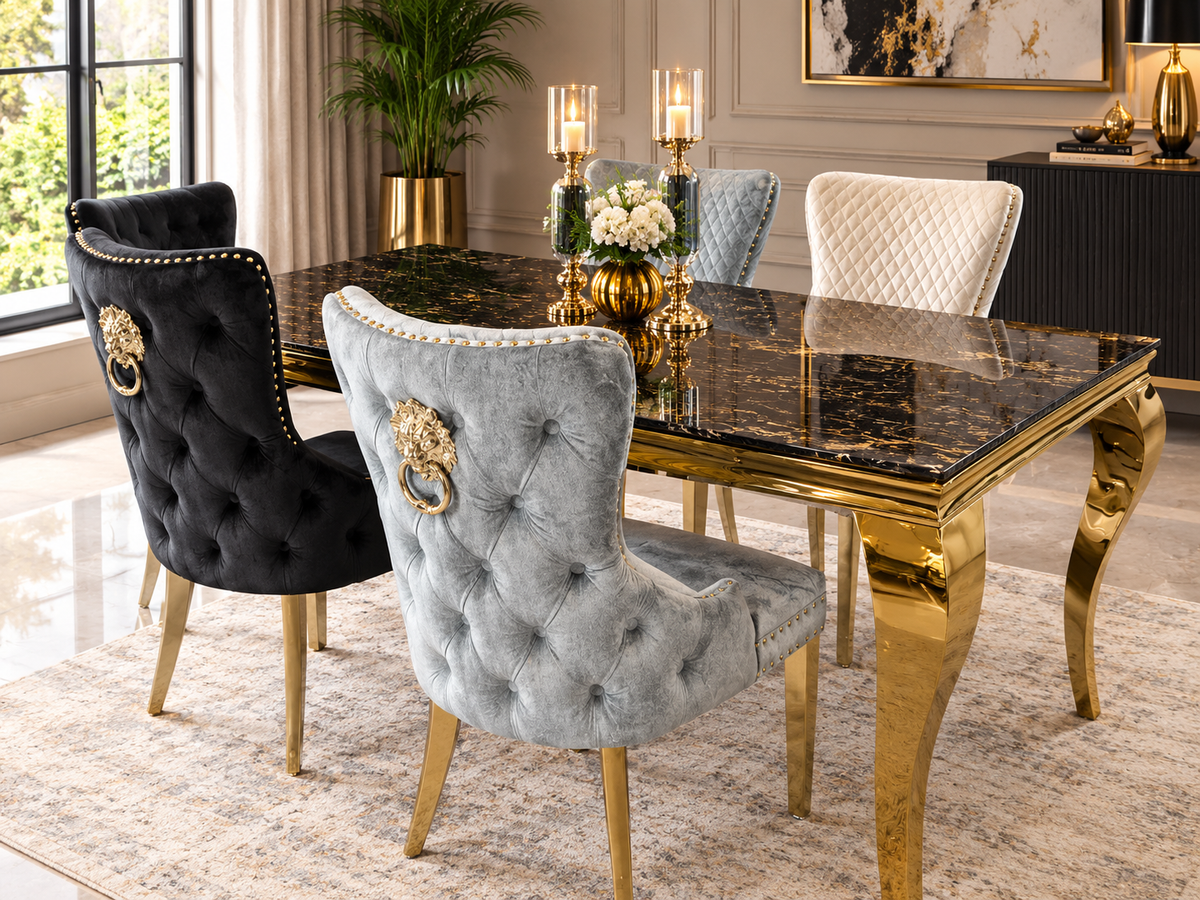 Louis Black And Gold Table With Black Victoria Gold Lion Knocker Chairs