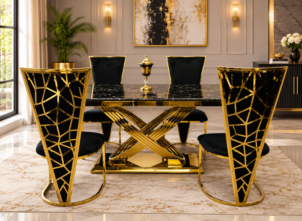 1.6M & 1.8M Rose Gold Dining Table With Rose Black And Gold Dining Chairs | Luxury Dining Sets