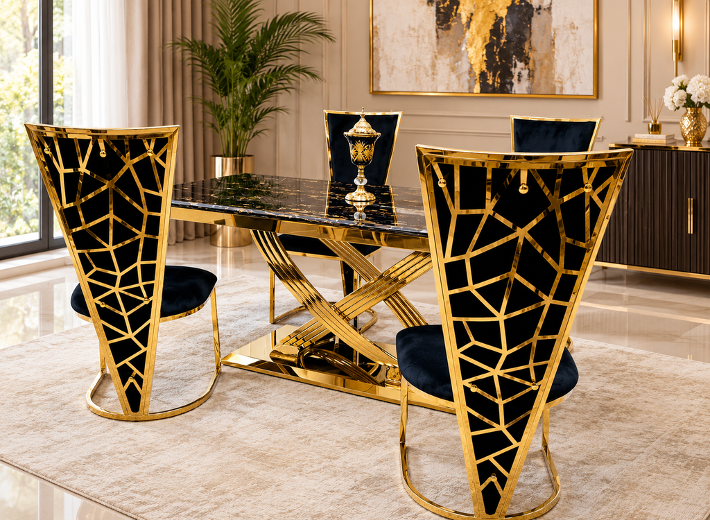 1.6M & 1.8M Rose Gold Dining Table With Rose Black And Gold Dining Chairs | Luxury Dining Sets