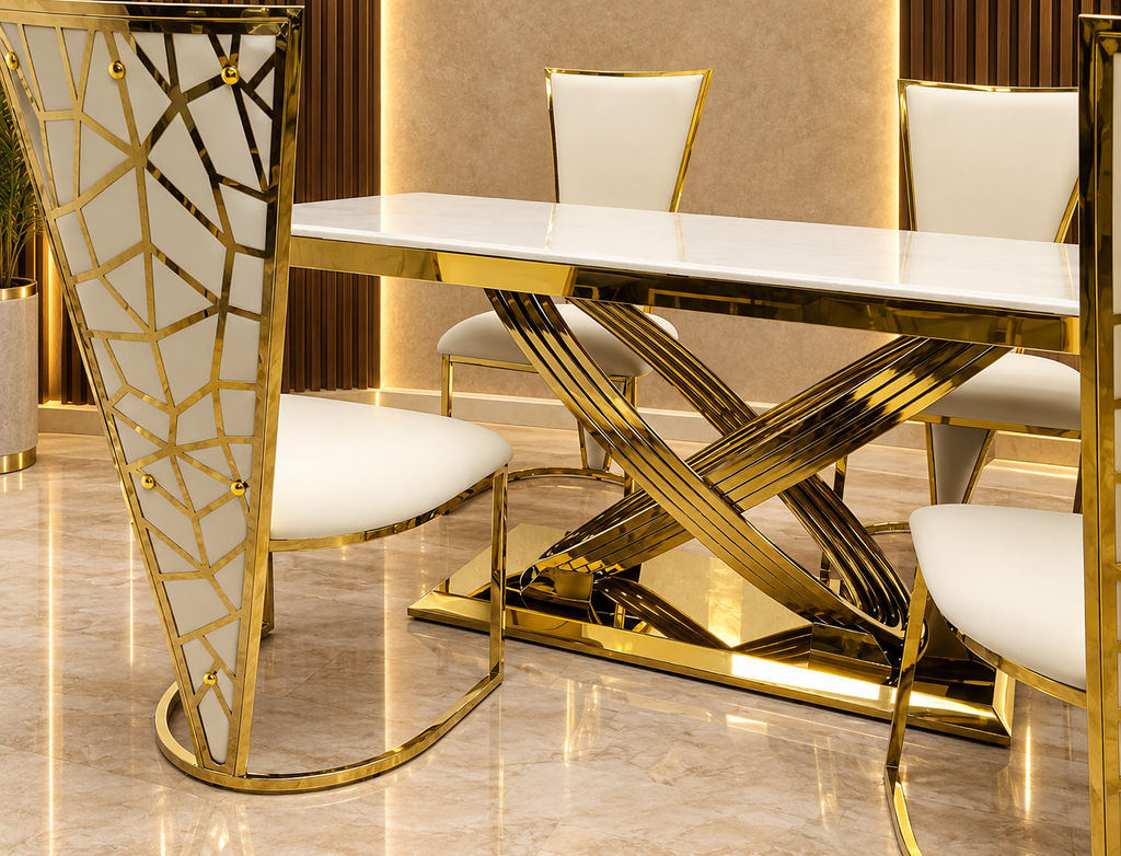 1.6M & 1.8M Rose Gold Dining Table With Rose Black And Gold Dining Chairs | Luxury Dining Sets