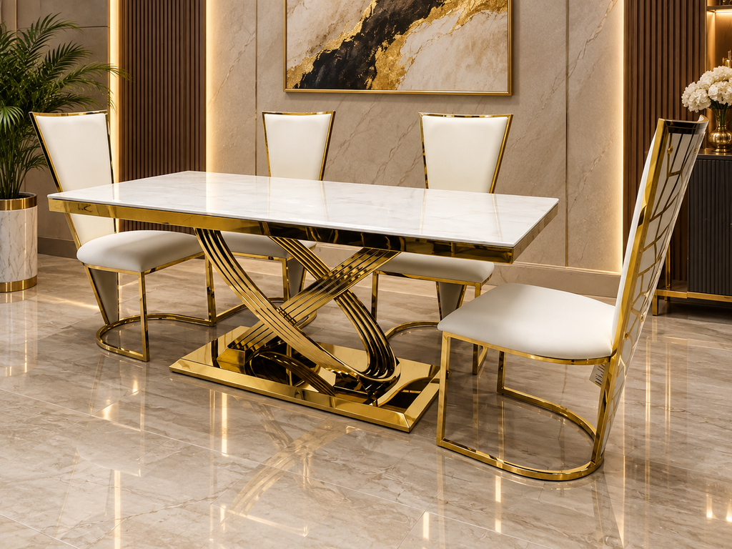 1.6M & 1.8M Rose Gold Dining Table With Rose Black And Gold Dining Chairs | Luxury Dining Sets