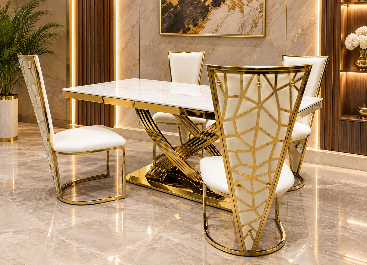1.6M & 1.8M Rose Gold Dining Table With Rose Black And Gold Dining Chairs | Luxury Dining Sets