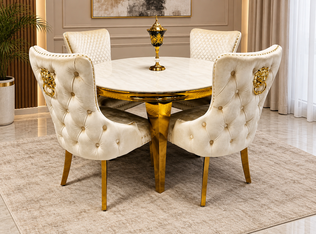 110cm Round Cream & Gold Dining Table + Victoria Cream Gold Lion Knocker Velvet Dining Chairs