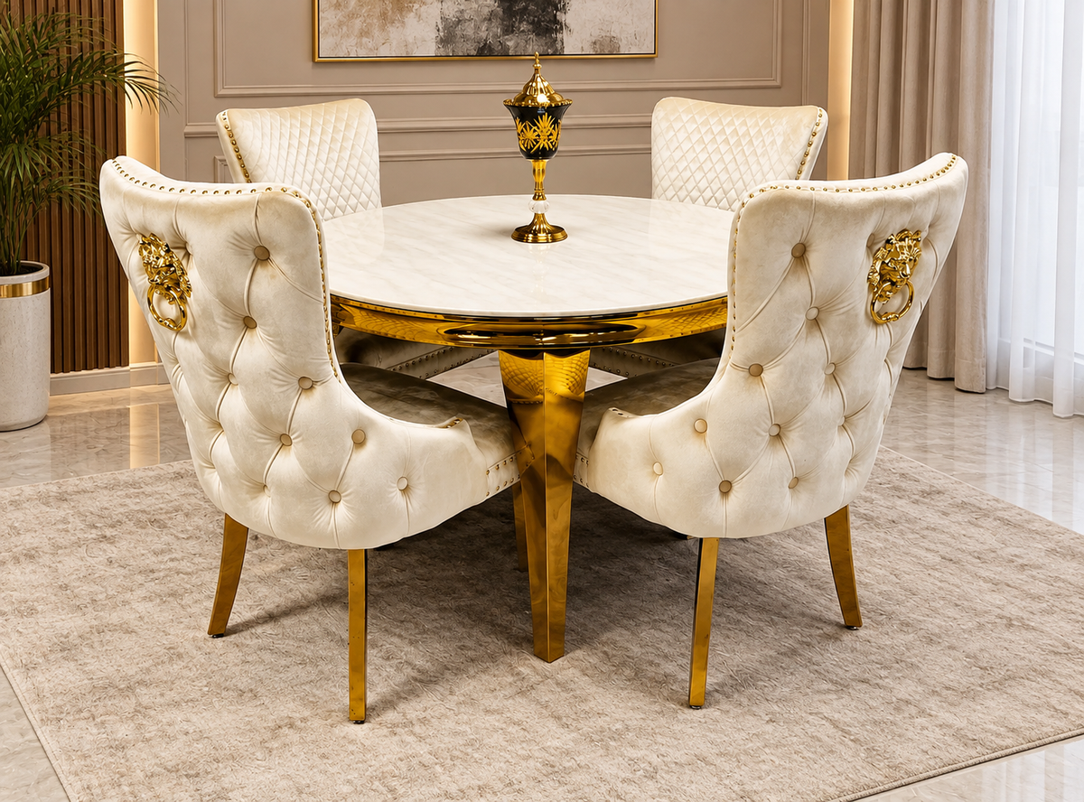 110cm Round Cream & Gold Dining Table + Victoria Cream Gold Lion Knocker Velvet Dining Chairs