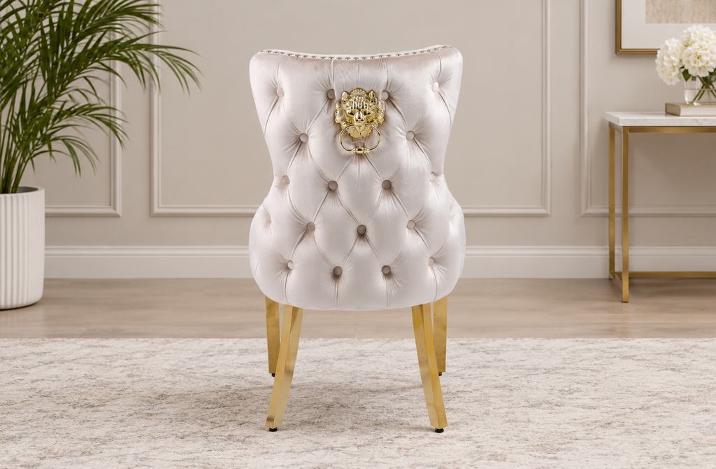 London Marble Dining Table with Gold Base & Victoria Cream Velvet Dining Chairs – Gold Ring & Lion Knocker Back