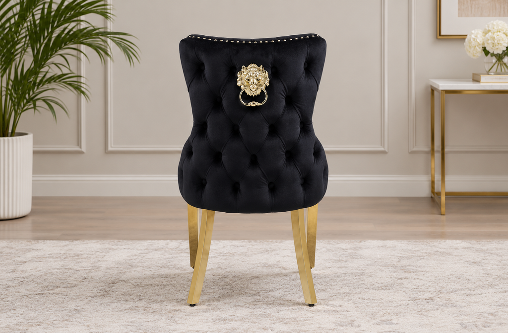 110cm Round Cream & Gold Dining Table + Victoria Cream Gold Lion Knocker Velvet Dining Chairs