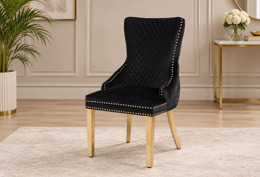 London Marble Dining Table with Gold Base & Victoria Cream Velvet Dining Chairs – Gold Ring & Lion Knocker Back
