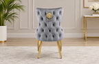 London Marble Dining Table with Gold Base & Victoria Cream Velvet Dining Chairs – Gold Ring & Lion Knocker Back