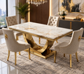 London White & Gold Marble Dining Table with Gold Legs & Majestic Mink Velvet Lion Knocker Dining Chairs – Luxury 4 Seater/ 6 Seater / 8 Seater Set UK