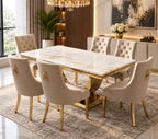 London White & Gold Marble Dining Table with Gold Legs & Majestic Mink Velvet Lion Knocker Dining Chairs – Luxury 4 Seater/ 6 Seater / 8 Seater Set UK