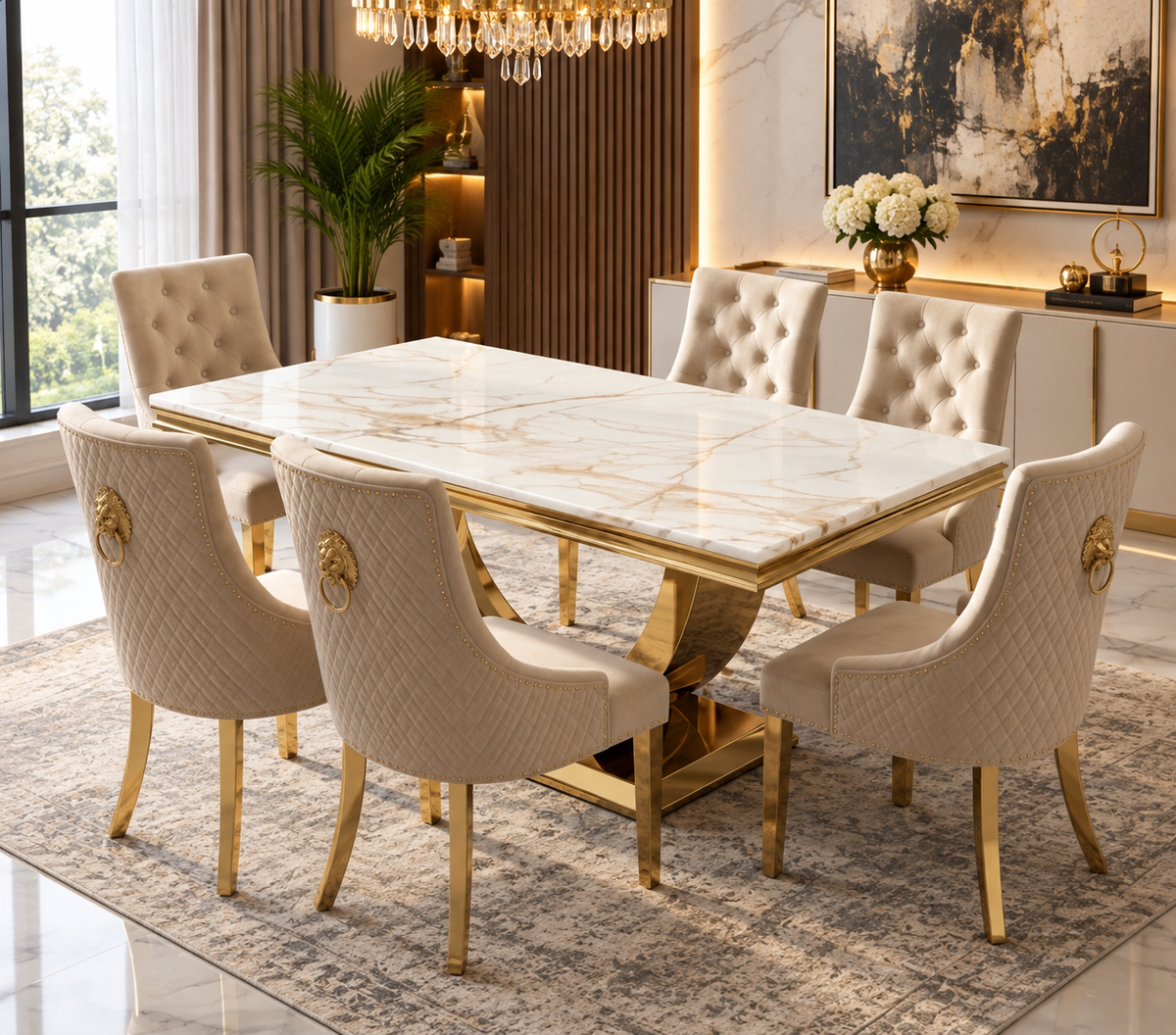 London White & Gold Marble Dining Table with Gold Legs & Majestic Mink Velvet Lion Knocker Dining Chairs – Luxury 4 Seater/ 6 Seater / 8 Seater Set UK