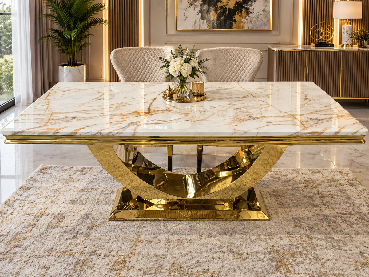 London White & Gold Marble Dining Table with Gold Legs & Majestic Mink Velvet Lion Knocker Dining Chairs – Luxury 4 Seater/ 6 Seater / 8 Seater Set UK