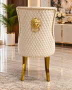 London White & Gold Marble Dining Table with Gold Legs & Majestic Mink Velvet Lion Knocker Dining Chairs – Luxury 4 Seater/ 6 Seater / 8 Seater Set UK