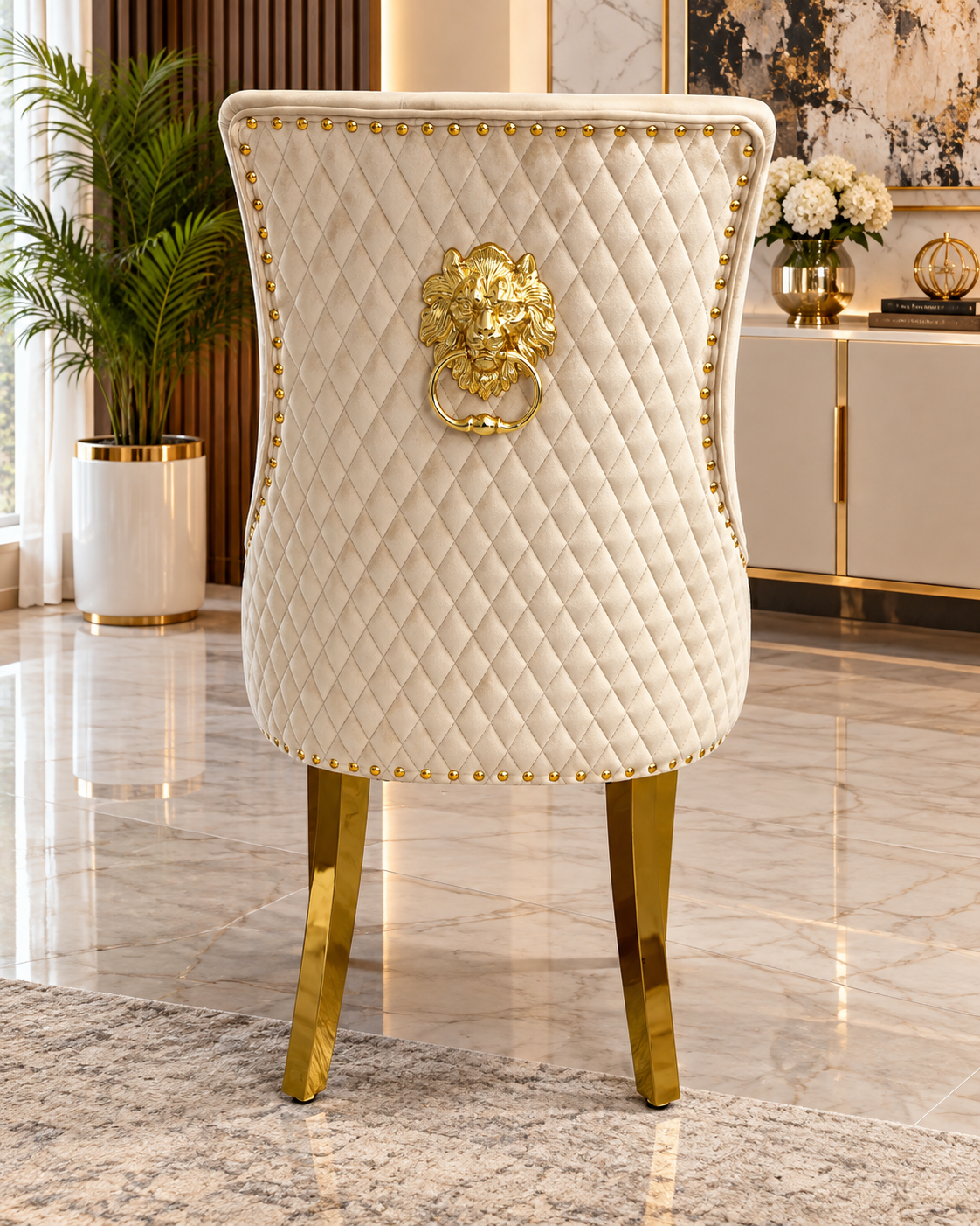 London White & Gold Marble Dining Table with Gold Legs & Majestic Mink Velvet Lion Knocker Dining Chairs – Luxury 4 Seater/ 6 Seater / 8 Seater Set UK