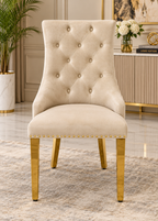 London White & Gold Marble Dining Table with Gold Legs & Majestic Mink Velvet Lion Knocker Dining Chairs – Luxury 4 Seater/ 6 Seater / 8 Seater Set UK