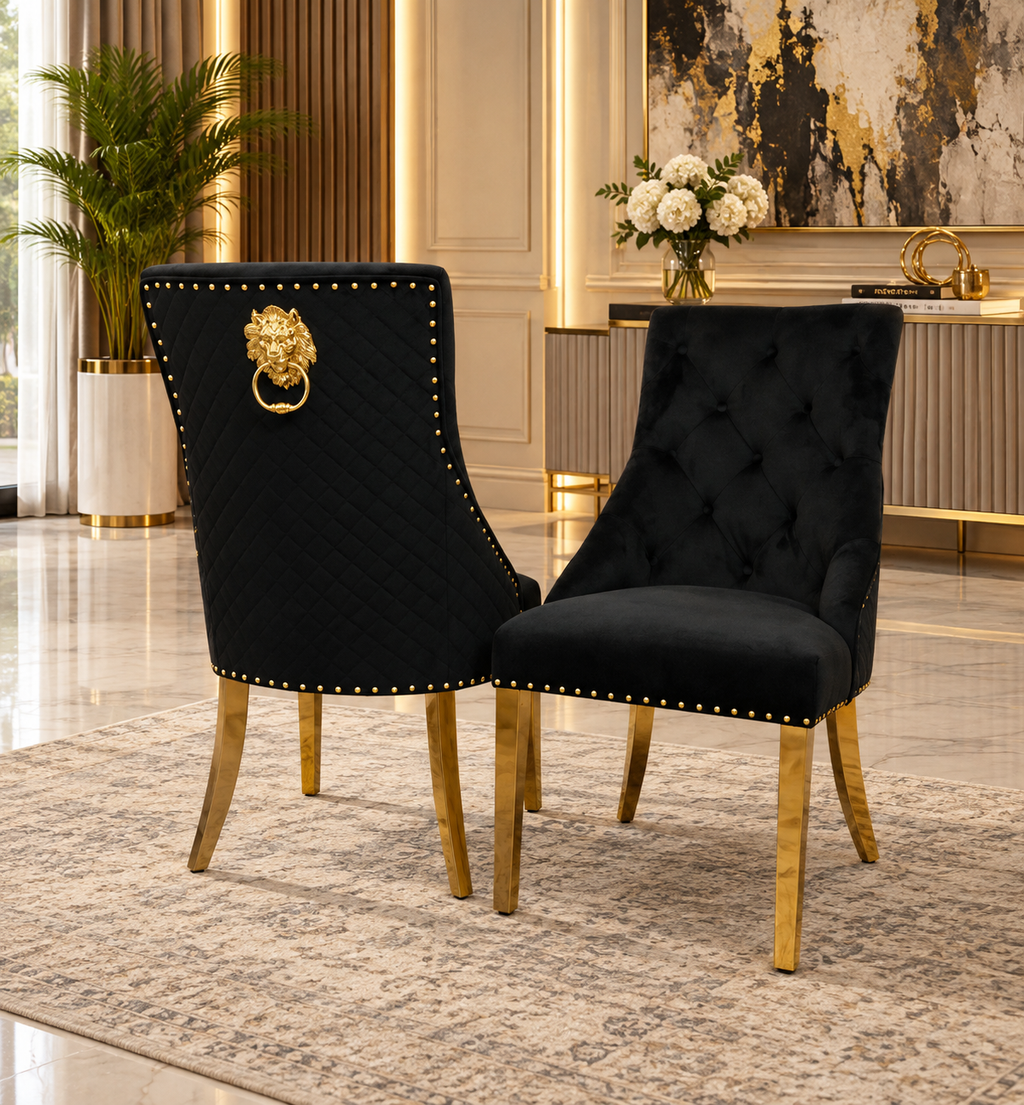 London White & Gold Marble Dining Table with Gold Legs & Majestic Mink Velvet Lion Knocker Dining Chairs – Luxury 4 Seater/ 6 Seater / 8 Seater Set UK