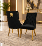 London White & Gold Marble Dining Table with Gold Legs & Majestic Mink Velvet Lion Knocker Dining Chairs – Luxury 4 Seater/ 6 Seater / 8 Seater Set UK