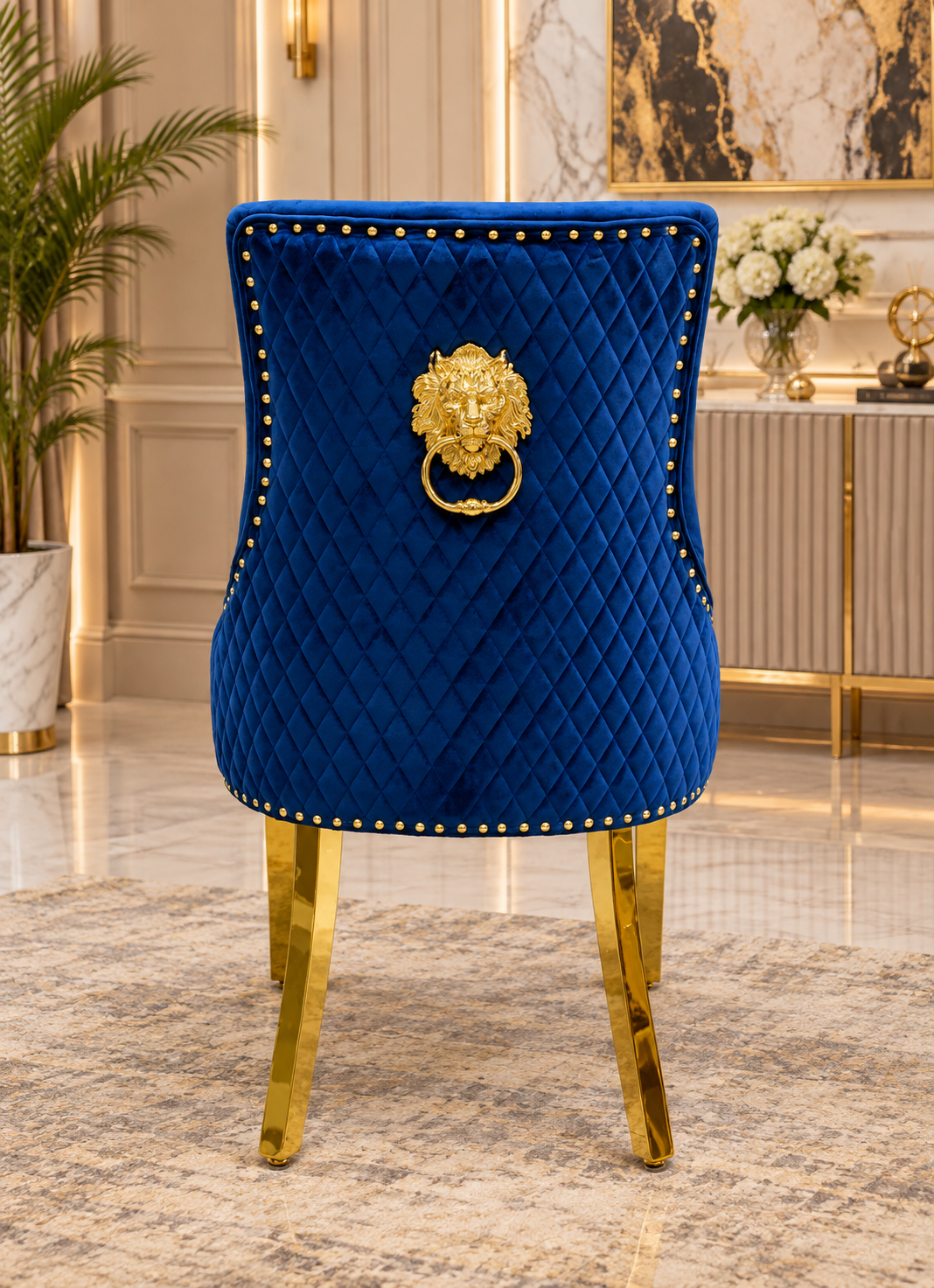 London White & Gold Marble Dining Table with Gold Legs & Majestic Mink Velvet Lion Knocker Dining Chairs – Luxury 4 Seater/ 6 Seater / 8 Seater Set UK