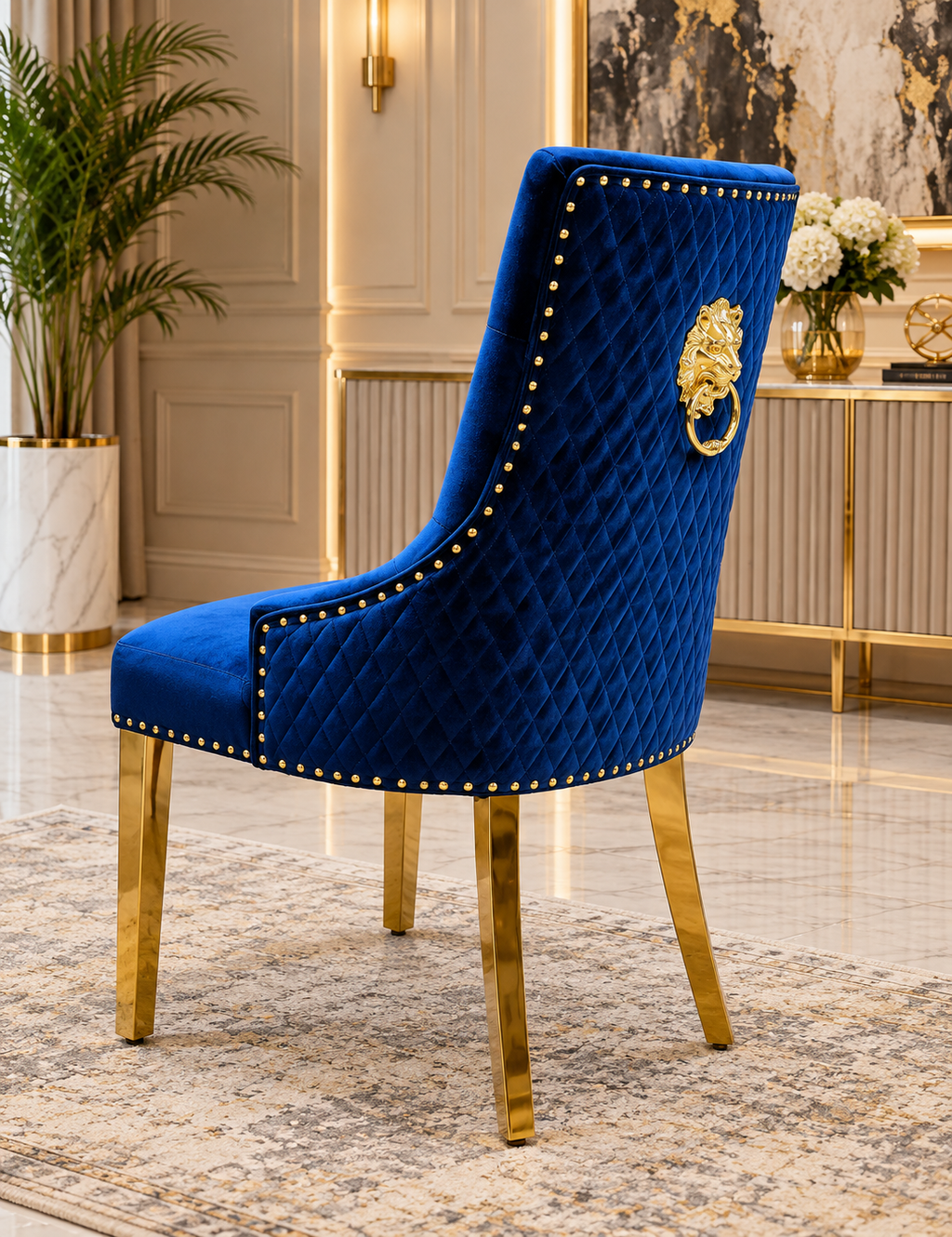 London White & Gold Marble Dining Table with Gold Legs & Majestic Mink Velvet Lion Knocker Dining Chairs – Luxury 4 Seater/ 6 Seater / 8 Seater Set UK
