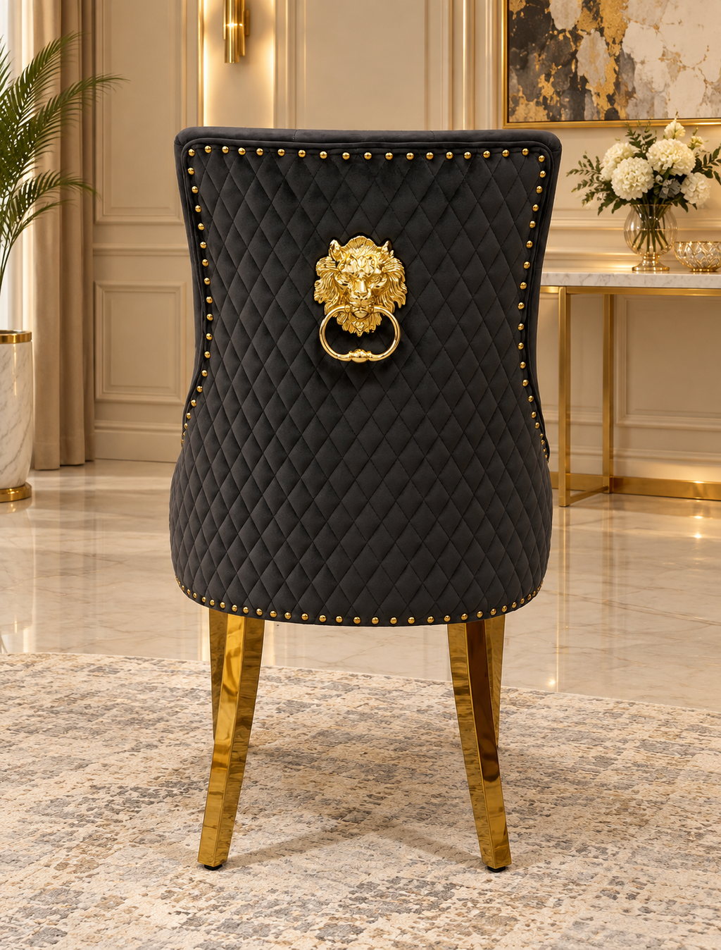 London Marble Dining Table with Gold Base & Victoria Cream Velvet Dining Chairs – Gold Ring & Lion Knocker Back