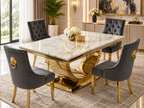 London White & Gold Marble Dining Table with Gold Legs & Majestic Mink Velvet Lion Knocker Dining Chairs – Luxury 4 Seater/ 6 Seater / 8 Seater Set UK