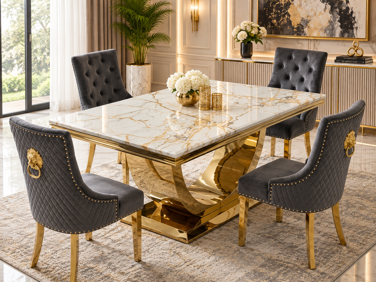 London White & Gold Marble Dining Table with Gold Legs & Majestic Mink Velvet Lion Knocker Dining Chairs – Luxury 4 Seater/ 6 Seater / 8 Seater Set UK