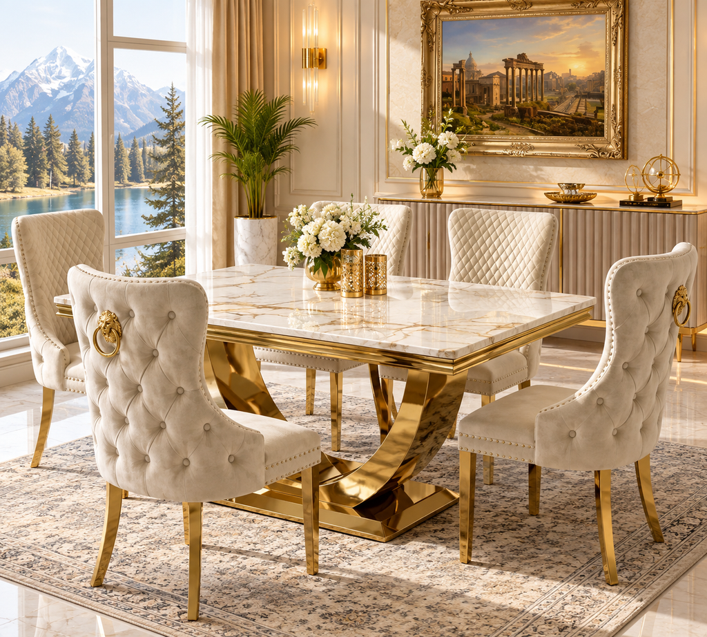 London Marble Dining Table with Gold Base & Victoria Cream Velvet Dining Chairs – Gold Ring & Lion Knocker Back