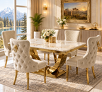 London Marble Dining Table with Gold Base & Victoria Cream Velvet Dining Chairs – Gold Ring & Lion Knocker Back