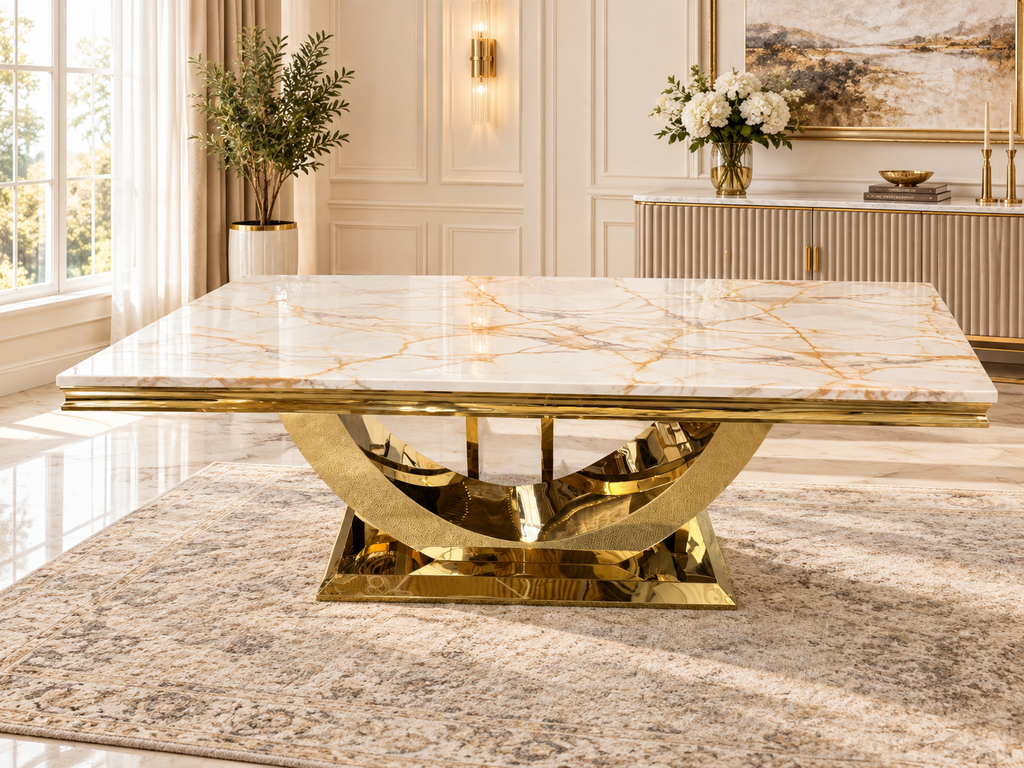 London Marble Dining Table with Gold Base & Victoria Cream Velvet Dining Chairs – Gold Ring & Lion Knocker Back