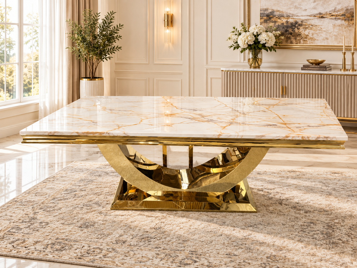 London Marble Dining Table with Gold Base & Victoria Cream Velvet Dining Chairs – Gold Ring & Lion Knocker Back