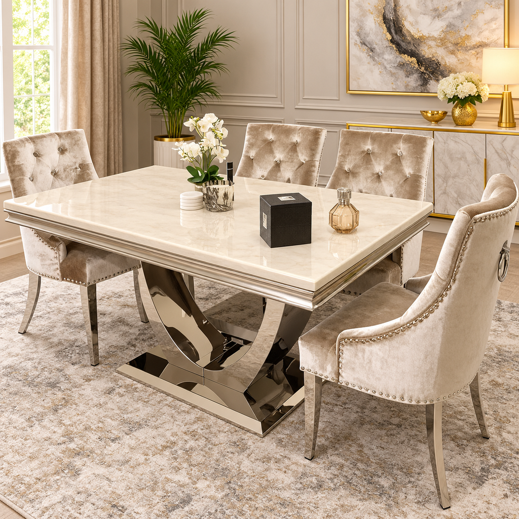 London 1.5m Mink Marble Dining Set with 4x Mink Roma Chairs