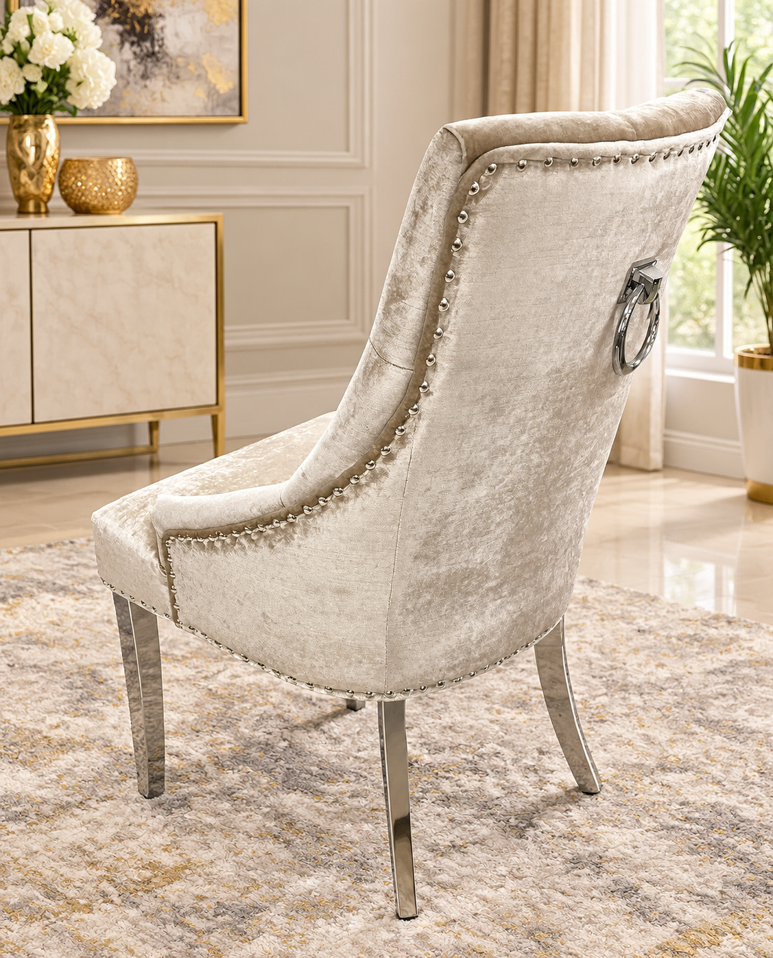 Arianna Marble Dining Table Cream With Roma Mink Dining Chairs