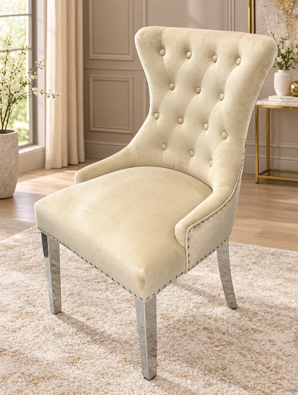 Arianna Marble Dining Table Cream With Roma Mink Dining Chairs